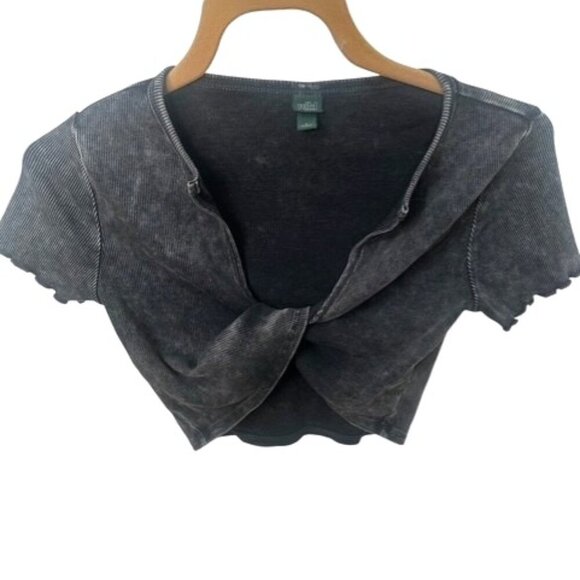 Wild Fable Women's Small Crop Top Black Ribbed Short Sleeve V-Neck Twist-Front - Picture 1 of 5